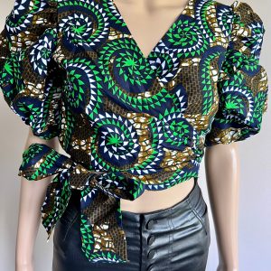 African Print Wrap Crop Top with Puff Sleeves