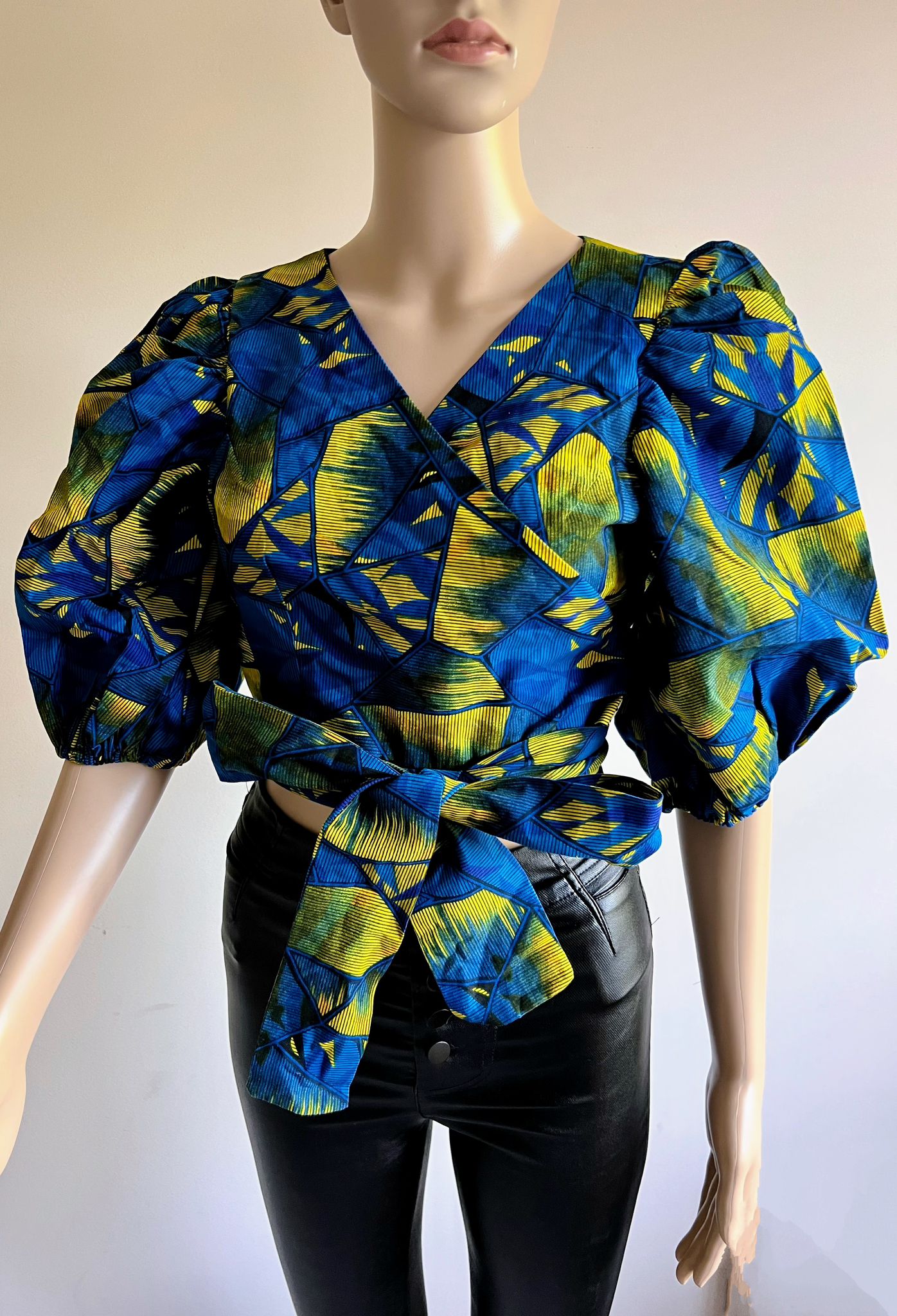 African Print Wrap Top with Puff Sleeves. - Image 5